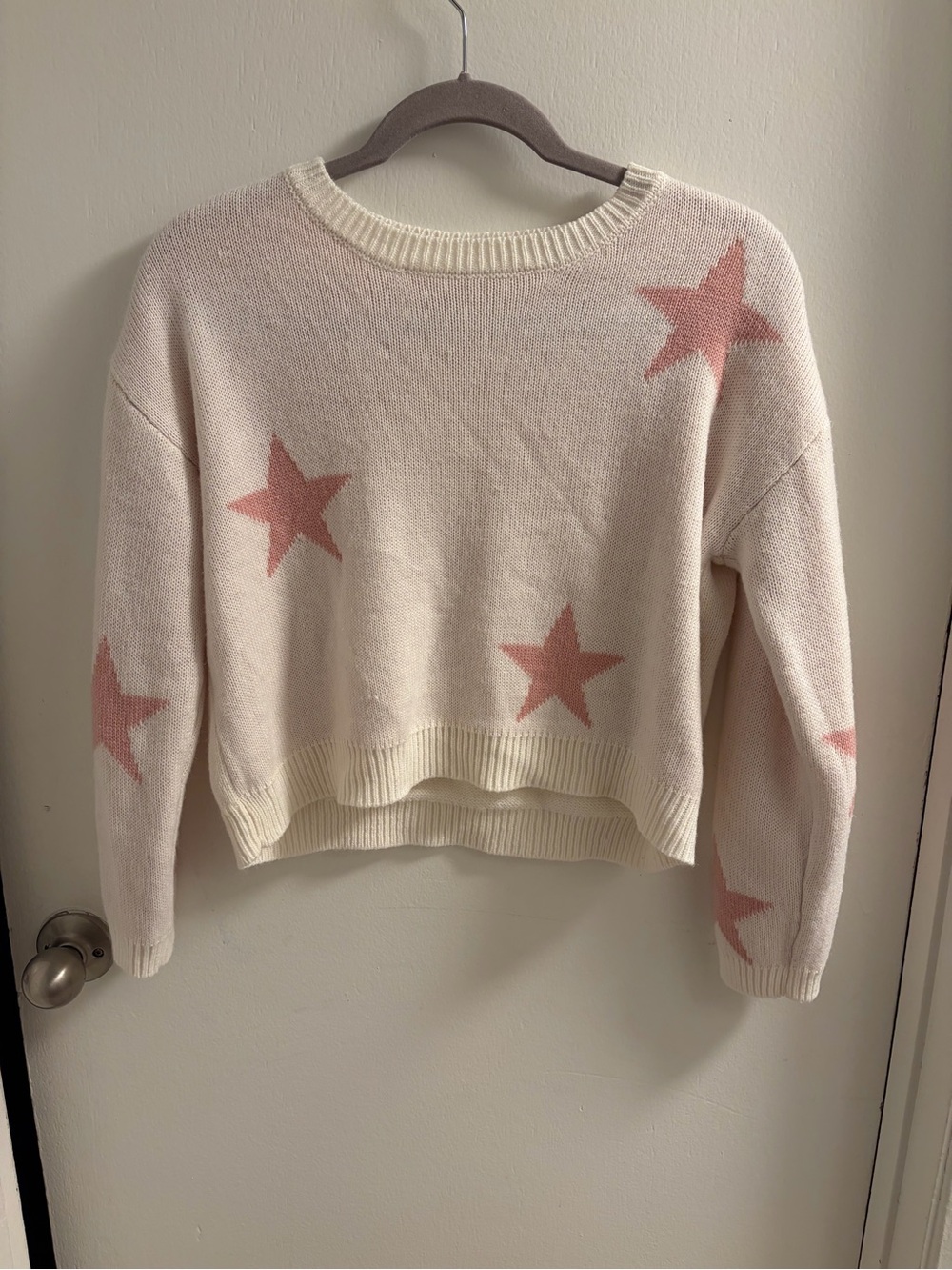 No Comment Girls Cream Pink Star Intarsia Knit Crop Sweater XL